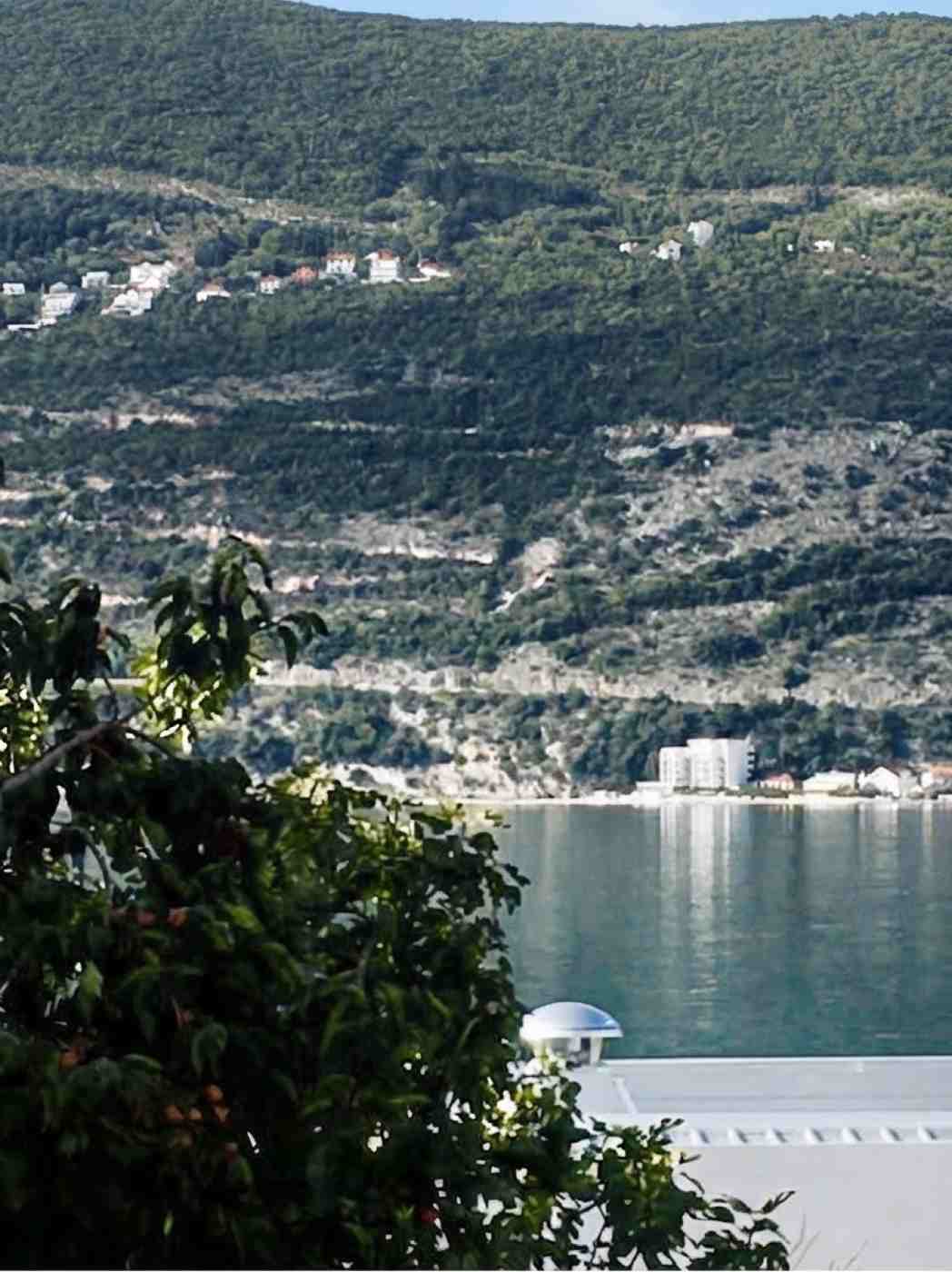 Šumovita padina i mirna voda zaliva viđeni sa hotelskog imanja